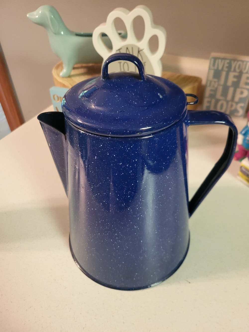 Vintage Blue Speckled Enamelware Metal Coffee Pot Percolator Camp Rustic Farm